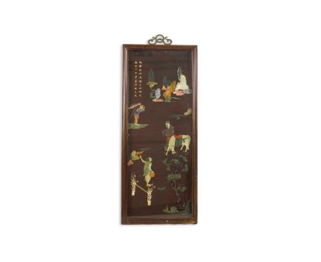 A Chinese carved cinnabar lacquer and hardstone mounted panel, early 20th century, decorated with figures on river banks, in 
