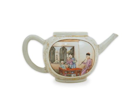 A Chinese export gilt and famille rose teapot, Yongzheng / Qianlong period, finely painted to each side with the figures of a