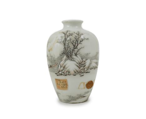 A Chinese inscribed enamelled porcelain ‘Winter landscape’ vase, Qianlong four character mark but Republic period, finely pai