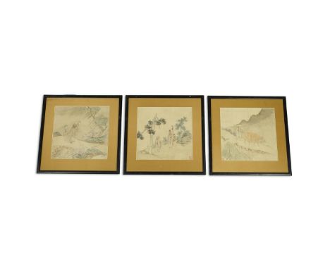 Chinese School  ((19th century))Sage and boy, Farmer and ox, and two sages and attendantInk and colour on rice paper; three w