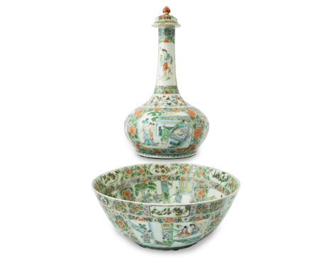 A Chinese enamelled porcelain water bottle, cover and basin, mid 19th century painted with figures, pavilions and trees, with