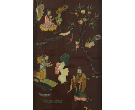 A Chinese carved cinnabar lacquer and hardstone mounted panel, early 20th century, decorated with three immortals on river ba