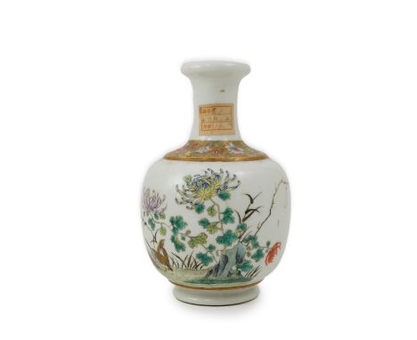 A Chinese inscribed famille rose ‘quail and chrysanthemum’ bottle vase, Hongxian four character mark but Republic period, fin