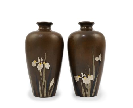 A pair of Japanese bronze and mixed metal miniature vases, by Noboru Nogawa, Meiji period each decorated with irises, Nogawa 