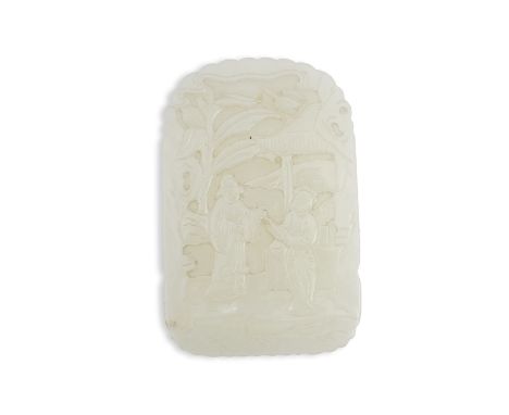 A Chinese white jade pendant plaque, possibly Qing dynasty, carved in relief with figures in a pavilion garden, possibly a sc