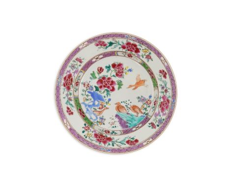 A Chinese famille rose ’ducks’ plate, Qianlong period painted to the centre with ducks amid rocks and peonies, the border wit
