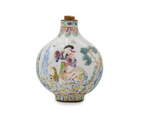 A Chinese Guangzhou enamel snuff bottle, Qianlong mark, 19th century, decorated with three female heavenly immortals amid clo