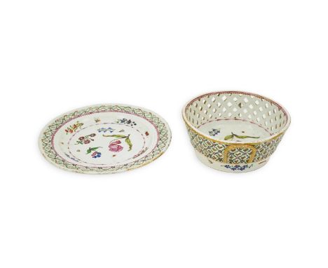 A Chinese export famille rose basket and stand, Qianlong period, each painted in European style with insects and flowers with