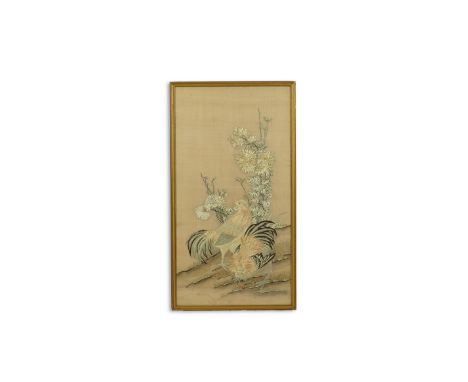 A Chinese embroidered silk 'chicken' panel, late 19th century, worked predominantly in brown, cream and black silk, with two 