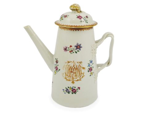 A Chinese export famille rose coffee pot, Qianlong period, the tapering cylindrical body decorated with an interlaced monogra