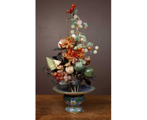 A Chinese hardstone flower and fruit display in cloisonné enamel vasethe vase 23cm diameter; the display and stand standing 6