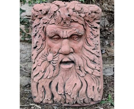 A terracotta fountain mask of Neptune 41cm wide x 57cm highQty: 1Light weathering.