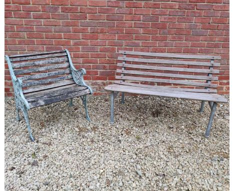 A cast iron garden chair with wooden slats and scrolled and lion mask decoration to the ends; together with a galvanised stee