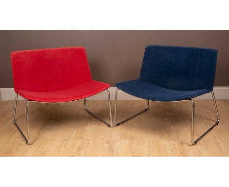 Two Catifa 80 sled-based easy chairs by Arter, with chrome tubular frames, one upholstered in red suede, the other in blue83c