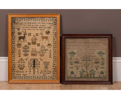 Two early 19th century samplers, the first by Elizabeth Fixter with a motto above animals and plants around a house with Adam