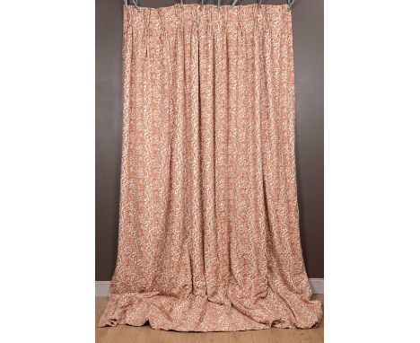 A pair of lined curtains with russet oak leaf and foliate print pattern381 x 342cm eachGenerally good, some wear to the corne
