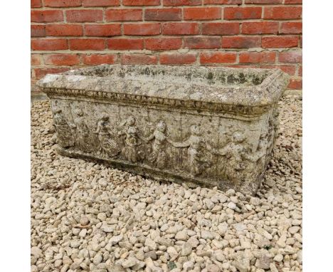 A cast reconstituted stone trough decorated with dancing figures74cm wide x 36cm deep x 27cm highQty: 1In weathered condition