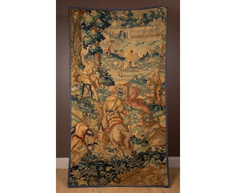 A Verdure tapestry depicting deer a hunting scene with a hunting lodge in the background, detail from a larger work238cm x 13