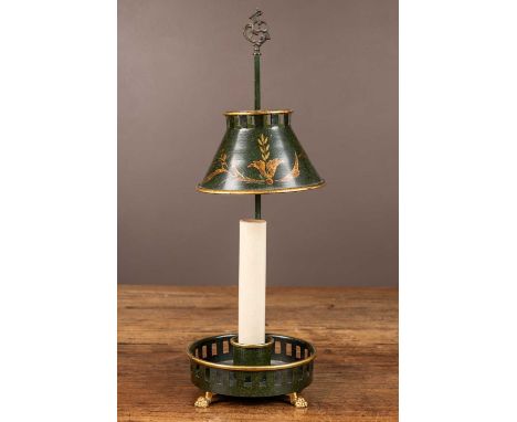 A small green painted toleware table lamp with an adjustable shade, pierced galleried stand and on paw feet45cm high overallQ