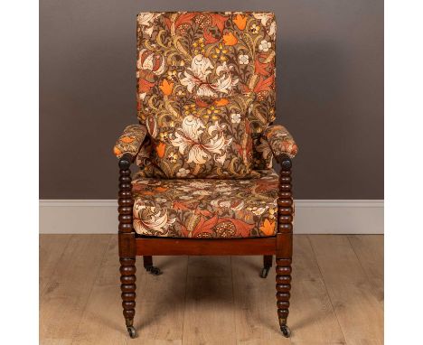 A Victorian bobbin framed open armchair with modern floral upholstery raised on brass castors55cm wide x 113cm highQty: 1Sign