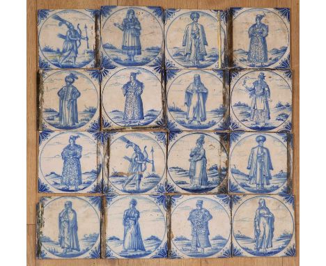 A collection of 18th or 19th century Delftware tiles depicting courtly figures, figures from the bible, Oriental figures, etc