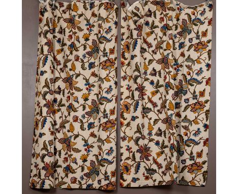 Five pairs of curtains all with a cream ground and printed floral and foliate motifsone pair 125cm wide x 210cm high; another
