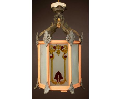 A 19th century hexagonal hall lantern fitted with frosted and stained glass panels in the manner of William Collins39cm wide 