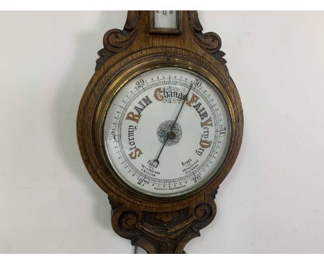 LATE VICTORIAN BANJO BAROMETER cased in oak and Singer sewing machine