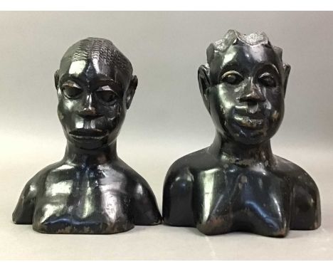 TWO CARVED WOOD BUSTS AND OTHER WOOD AND CERAMIC FIGURES  the African busts depicting a male and female, along with a Sylvac 