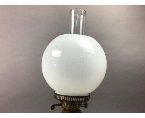 BRASS OIL LAMP with opaque glass shade52cm high
