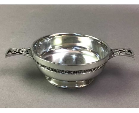 COLLECTION OF PLATED WARE AND OTHER METAL WARE  including a three piece tea service, trays, quaich and brass fern pot