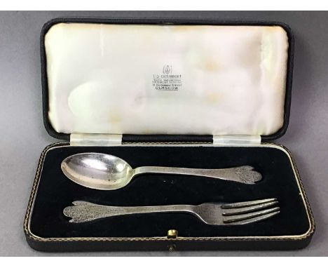 SILVER CHRISTENING SPOON AND FORK SHEFFIELD 1923 engraved 'Iain', in case along with a silver four division toast rack, and a