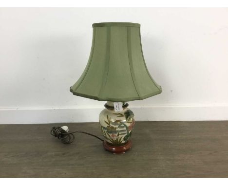 COLLECTION OF CERAMIC TABLE LAMPS some with animal and floral decoration, each with shadesGilt decoration fading to most of t