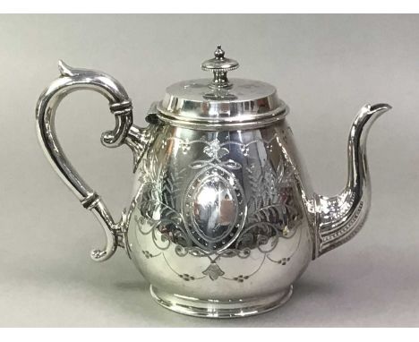 SILVER PLATED PART TEA SERVICE including a tea pot, twin handled sugar bowl, cream jug and rectangular tray, along with a sil