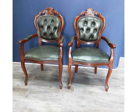 PAIR OF MAHOGANY CARVERS WITH A PAIR OF MATCHING CHAIRS  upholstered in green leather, the backs with button back detail  Qty