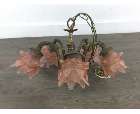 BRASS FIVE-BRANCH PENDANT CEILING LIGHT 20TH CENTURY with moulded floral pink glass shades25cm high excluding chain