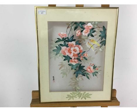 CHINESE PAINTING ON SILK 20TH CENTURY depicting two birds on flowering branches, signed and with red seal, mounted and framed