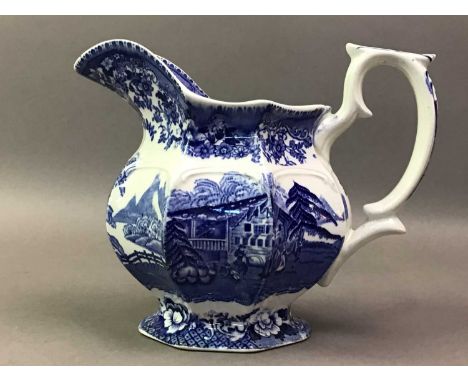 COLLECTION OF BLUE AND WHITE CERAMICS including T Hughes &amp; Son jug, Spode Italian cup and saucer, Chinese bowl, lidded tu