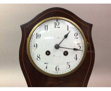 EDWARDIAN MAHOGANY MANTEL CLOCK the white circular dial with Arabic numerals28cm high
