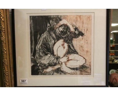 Pauline Bradley artist proof etching portrait of a crouching woman holding her head, signed and dated 93, titled verso 