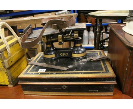 Set of Baker &amp; Walsh ltd GPO scales together with a large metal cash box 