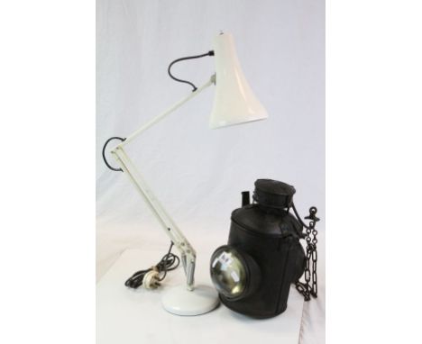 Vintage railway signal lamp together with a mid 20th century angle poise lamp 