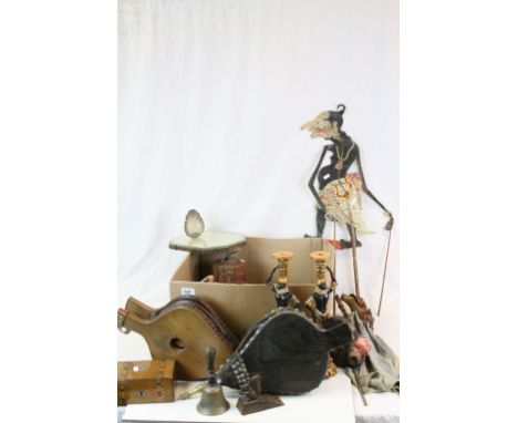 Large quantity of sundry items to include bellows, wooden boxes, bells, puppets etc together with a quantity of weights, scal