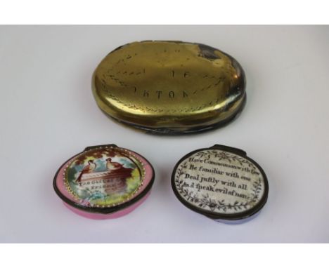 Two Georgian Enamel Pill Boxes ' The Gift of a Friend ' and ' Have Communion with few .... ' together with Antique Brass Snuf