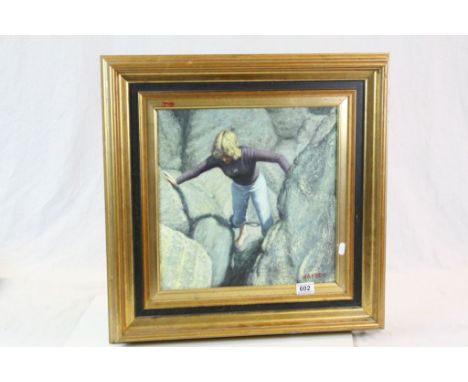 Contemporary Hayden oil on canvas portrait of a young girl climbing rocks, signed, approx.37 x 37cm