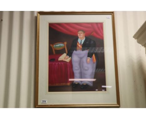 Framed oil painting portrait caricature of a portly gentleman in the style of Beryl Cook