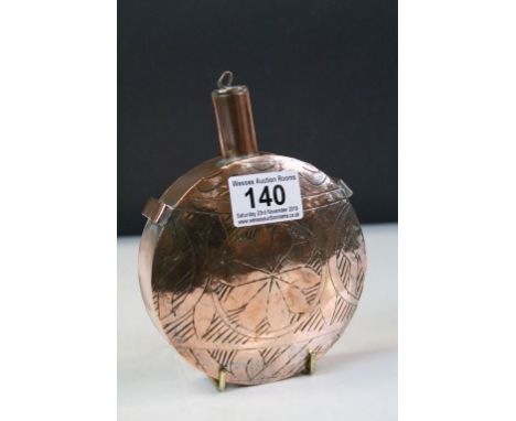 Persian Copper Cylindrical Flask and Lid with incised decoration to front 