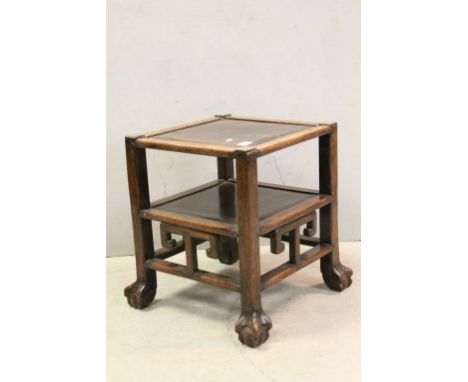 Chinese Hardwood Lamp Table with under-shelf and raised on ball and claw feet, possibly Zitan Wood, 41cms wide x 49cms high