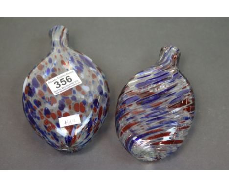 19th Century Nailsea clear glass flask with mottled blue and red and white decoration, another of spiralling moulded form das