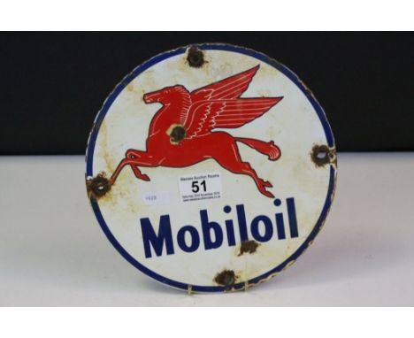 Vintage "Mobiloil" circular Enamel sign with winged Pegasus, approx 22.5cm diameter
